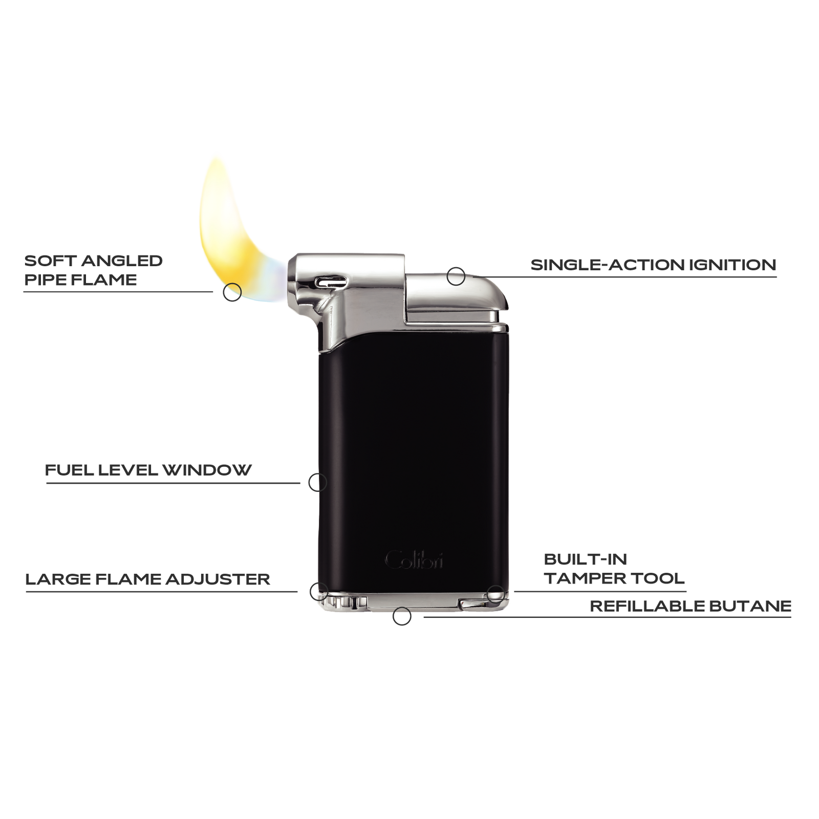 pipe tobacco lighter with Attached and refillable soft flame for pipe or cigar use. Black Matte & Gunmetal Colibri